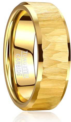 TUNGSTORY Mens Tungsten Wedding Bands Hammered Ring 8mm Classic Black/Gold/Silver Wedding Rings with Beveled Edges Comfort Fit Jewelry Gift for Him Size O-Z 1/2