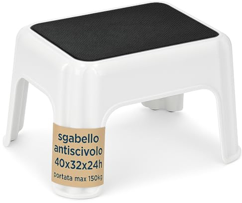 Tomaino - Sgabello in plastica antiscivolo multiuso - Sgabellino da bagno basso bianco per bambini - comodo poggiapiedi anziani - gradino da camper (BASSO 24h cm ANTISCIVOLO)