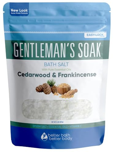 Gentleman's Bath Salt 32 Ounces (2 Lbs) Epsom Salt Soak for Men with Natural Cedarwood and Frankincense Essential Oils Plus Vitamin C in BPA Free Pouch with Easy Press Lock Seal Made in USA