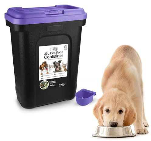 ASAB Pet Food Storage Container Large 30L/15kg Plastic Food Storage Container With Integrated Food Scoop and Flip Top Locking System Perfect for Dog Treats Dog Food and Kitten Food (Purple, Large)