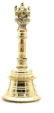 Skywalk Hand Crafted Metal Brass Bell with Ganesha/Brass Puja Bell/Brass Pooja Ghanti/Ganesh Hand Bell (Size-5) Golden