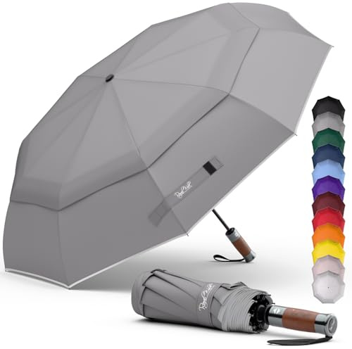 Royal Walk Regenschirm Taschenschirm Sturmfest Automatik Auf und Zu Winddichter Doppelverdeck Klein Stabil Schirm Reflektierend mit Luxuriösem Echtholzgriff für Damen und Herren Umbrella