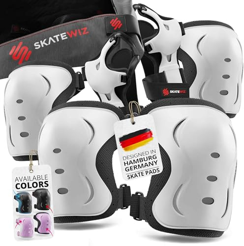 SKATEWIZ Knee and Elbow Pads Adult - Impact Size M White - Skating Protective Gear Adult - Wrist Guards for Skating Scooter Roller Skates Skateboard - Ice Skates Men