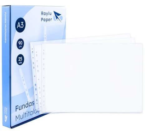 Raylu Paper® - Fundas multitaladro de polipropileno 100% reciclable, fundas para documentos de gran apertura, lomo reforzado. 25 unidades. (Transparente - Cristal, A3 - 90 micras)