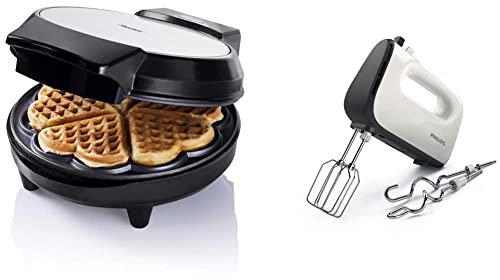 Bestron Waffeleisen für klassische Herzwaffeln, Waffelmaker mit Backampel & Antihaftbeschichtung, 700 Watt, Farbe:Schwarz & Philips HR3741/00 Handmixer (450 Watt, 5 Geschwindigkeiten) weiß/schwarz