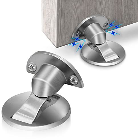 TOKPLNU Magnetic Door Stopper, Invisiable Floor Mounted Magnetic Door Stop,Stainless Steel, Heavy Duty Magnetic Door Holder Catch for Keep Door Open with 3M Self Adhesive and Screw, Silver,2Pack