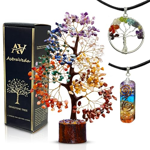 AstraVeda 7 Chakra Crystal Tree with 2 Pendants, Natural Gemstone Gift Set | Handmade seven chakra crystal tree with two pendants, around 300 gemstone chips and a colourful Tree of Life design
