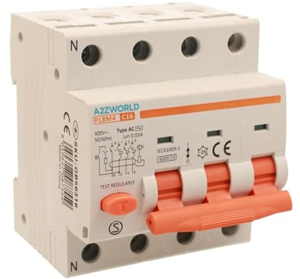 Interruptor magnetotérmico diferencial trifásico 30 mA, 3P+N 6 KA 380 V, Ocupa 4 módulos DIN, RCBO 3P+N 30 mA C16 16 A