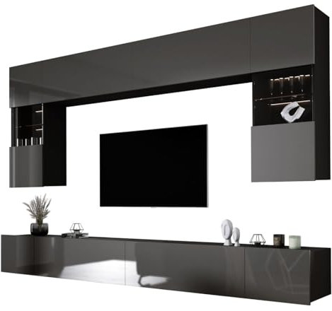 3E 3xE living.com Wohnwand Schwarz Matt/Grau Glanz Medienwand Design Modern MDF Hochglanz, Wohnzimmer Möbel, Wohnwand Wohnzimmer