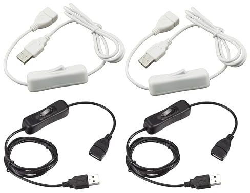 HUAZIZ 1 m (4 pezzi) Cavo di prolunga USB con interruttore on/off, USB Interruttore on/off Prolunga, Cavo USB da maschio a femmina, per Lampada da Scrivania a LED(Bianco + Nero)
