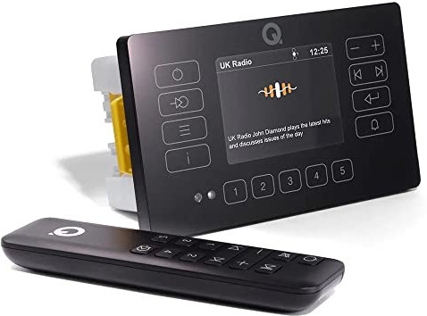 Systemline Q Acoustics E120 Bluetooth Wall Amplifier with DAB+ and FM Radio, Touch Panel Display, In Wall Amplifier, IP54 Bathroom and Kitchen Rated - Black