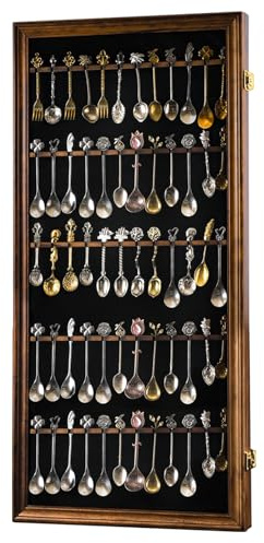 COMSREV 60 Souvenir Tea Spoon Display Case Collection Collector Rack Wall Mount Wooden w/98% UV Acrylic Door Lockable（Fire Burning Color） (60Spoon)