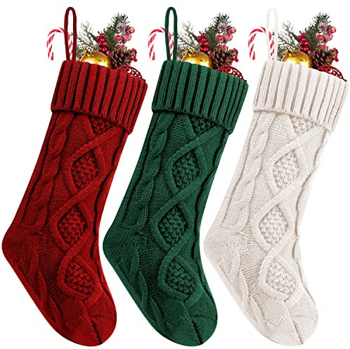 Fesciory Christmas Stockings, 3 Pack 18 Inches Cable Knitted Large Size Stocking Gifts & Decorations for Family Holiday Xmas Party (Burgundy&Ivory White and Green 18in)