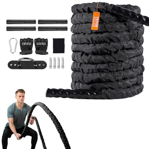 VEVOR Battle Rope Trainingsseil, Übungsseil, Schlachtseil 12,2 m, Polyester-Trainingsseil mit Schutzhülle und Anker, Schlagseil für das Heim-Fitnessstudio, Körpertraining, Rumpfkrafttraining, Schwarz