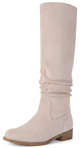 Shoe'N Tale Women's Knee High Boots Flat Low Heel Slouch Pointed Toe Winter Shoes with Side Zipper, Beige, 6 UK