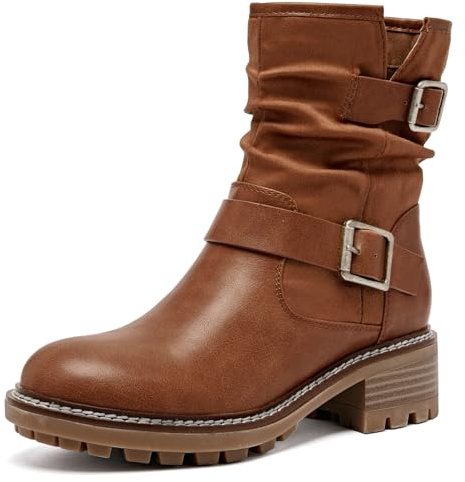 Ruiee Women's Ankle Boots Slouchy Flat Ladies Booties Low Chunky Heeled Riding Combat Boot Comfortable Casual Round Toe Short Boots for Women.240963 Tan MF UKSize6.5
