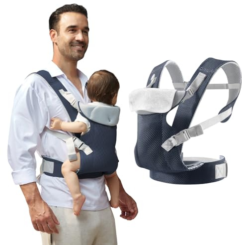 IULONEE Marsupio per Neonati Regolabile Fascia Porta Bebe Ergonomico Baby Carrier Wrap Traspirante Portabebè per Neonato Bambino Front Back Carry per Bebè 3-36 Mesi (Blu navy)