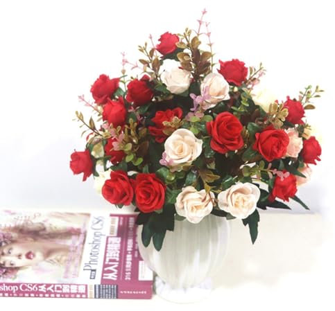 HORREX 4 Ramo de Rosas Artificiales Rosa Flores Artificiales Cementerio Ramo de Rosas Rosa de Seda Realistas Flores Secas Decoracion de Rosas Eternas para Boda Fiesta (Rojo)