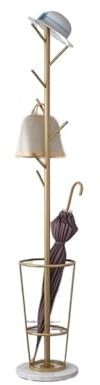 XPSHP25112 Porte-Manteau de Sol Porte-Manteau en métal avec Porte-Parapluie, Porte-Manteau d'entrée avec Base en marbre, Crochets Multiples for entrée, Chambre Cintre Debout(Gold)
