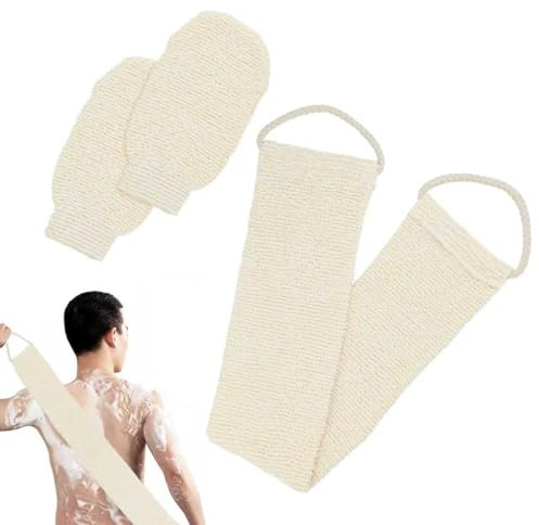MABAHON Back Scrubber 100% Natural Bamboo Fibre,Exfoliating Glove(White) | Double Side Scrubbing Strap Loofah Back Scrubber for Shower Body Scrubber Handle for Men & Women