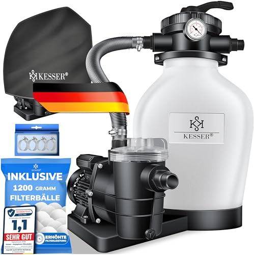 KESSER Sistema de filtro de arena con bomba y bolas de filtro de 1200 g | filtro de piscina 600 W | filtro de arena para piscina 13200L/h caudal | volumen del depósito hasta 30 kg de arena | válvula