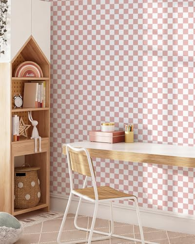 Yomshi självhäftande tapet rosa rutig mönstertapet geometrisk tapet 44 x 300 cm boho möbelfolie för skåp badrum barnrum, självhäftande avtagbar vattentät