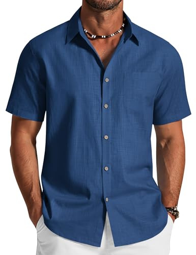 COOFANDY Camisa Hombre Manga Corta Verano Algodón Camisa Casual Regular Fit Transpirable con Bolsillo para Playa Vacaciones Azul Marino XL