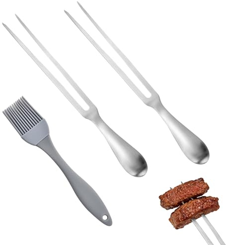 APKOL 2 PCS Forchetta per Carne in Acciaio Inossidabile 30cm, Forchetta da Arrosto Barbecue con Impugnatura Ergonomica con Pennello per Olio, per Grigliate, Taglio, Campeggio, Cucina e Ristorante