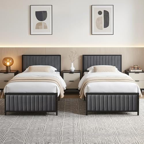 VECELO Single Size Bed Frame Set of 2 with Linen Fabric Headboard and Footboard, Heavy-Duty Platform with Strong Steel Slats, No Box Spring Needed, Easy Assembly, Grey