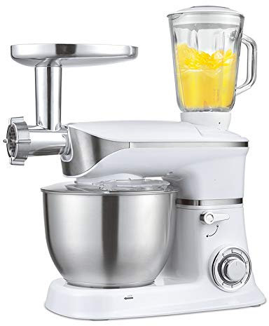 3 en 1 batidora pie, procesador alimentos, 1300W cocina batidora con 6 velocidades pulso, Inicio batidora pie con acero inoxidable 6.5L Bowl, gancho para masa, batidor, y Extractor de Jugos,Blanco