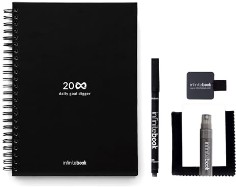 InfiniteBook Planner Kit de Iniciación - Cuaderno Planificador de Pizarra Reutilizable A5 con Kit de Limpieza, Bolígrafo y Soporte Para Boli Autoadhesivo