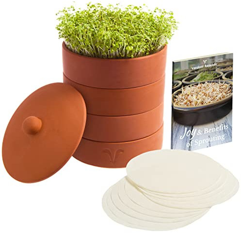 Verdant Republic Clay Sprouter Kit | Terracotta Tower with 3 Shallow Germinating Trays, Paper Discs & Free E-book | 2 in 1 Sprouting Trays Ideal for Germinating Sprouts and Microgreens