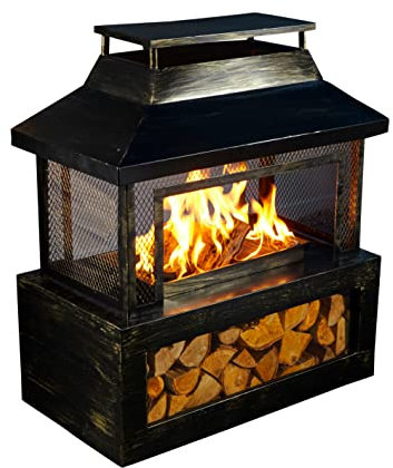 Neo Black Steel Outdoor Garden Log Burner Burning Fire Pit Chiminea Heater Stove Mesh Surround Storage