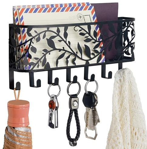 BELLE VOUS Wandmontiertes Schlüsselbrett mit Ablage und 7 Haken - Dekorative Briefablage Wand - Rustikale Schlüssel Aufbewahrung aus Metall für Zuhause, Eingangsbereich, Flur, Wohnzimmer & Vorraum