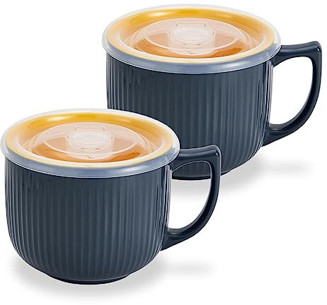 Hoilse Ceramic Soup Bowl with Handle – Large 900ml Microwave Soup Mug with Lid, Soup Container & Cup for Cereal, Oatmeal, Ramen, Noodle, Porridge, Housewarming Gift - Set of 2(Grey)