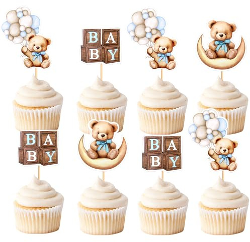 36Pcs Blue Baby Bear Cupcake Toppers Balloon Teddy Bears Cupcake Picks for Blue Baby Shower Gender Reveal Boys Bearly Birthday Cupcake Decorations We Can Bearly Wait Party Decorations Supplies