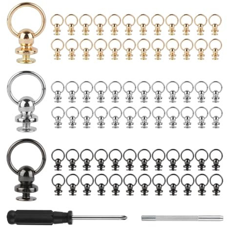 lahnao 75 Stücke Head O Ring Nieten, 8mm Kopf Button Stud Nieten Set mit Schraubverschluss, Schraubendreher und Stanzen, Nieten für Leder Geldbörsen, Handytaschen, Kleidung(Gold Silber Schwarz)