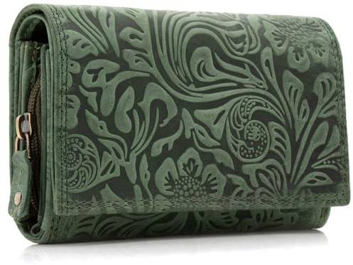 ekavale Damen Leder-Geldbörse mit Blumenmotiv und RFID-Blockierung, Portemonnaie Langformat mit Druckknopfverschluss (Grün)