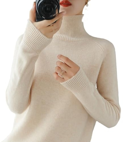 DSXH Pull en Tricot à col roulé uni pour Femme - Cachemire - Tricot côtelé - Laine Chaude - Ample - Manches Longues (Couleur: Beige, Taille: M)