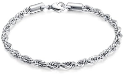 5mm Twisted Rope Bracelet Hip Hop Jewelry 316L Stainless Steel For Men and Women's Thick Rope Chain Bracelet for Men and women (silver)