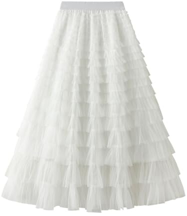 Jemsia Jupe en Tulle Midi à Volants - Élégante et Élastique - Taille Haute - Trapèze en Maille - Longue Tutu Fluide pour Bal de Fin d'Année, Fête