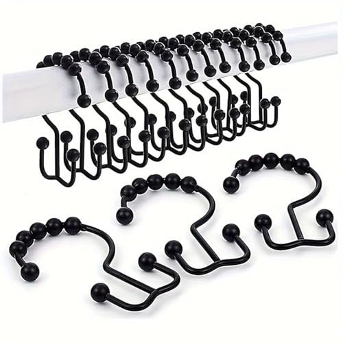 WUWYOUWL Shower Curtain Hooks, 12pcs Stainless Steel Shower Curtain Rings, Rust Proof Free Sliding Double Shower Curtain Hooks Rings for Curtain, Shower Curtains & Liners (Black)