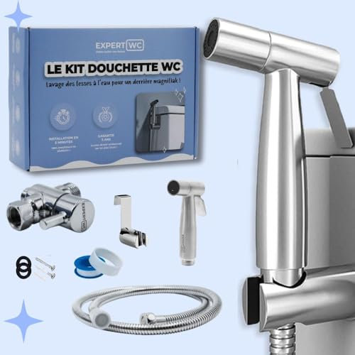 Douchette WC pour Toilette avec Jet Réglable - Marque Française - Bidet Hygiénique avec Robinet 3 Voies, Pistolet, Flexible et Support Inclus - Kit Hygiene Intime Complet (Inox)