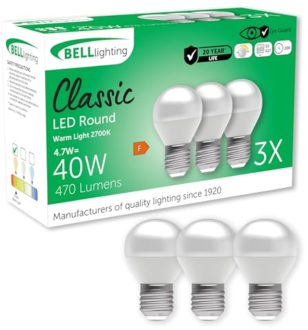 BELL Lighting E27 ES Dimmable LED Golf Ball Bulbs Warm White 4.7W 3 Pack | Dimmable E27 Edison screw LED golf ball bulbs with 2700K warm white light, 470lm brightness and 40W equivalent output.