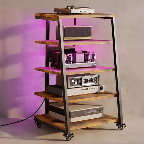 Vrietina HiFi Rack a 5 livelli con ruote, giradischi, tavolo con ciabattine, luci a LED, ripiano regolabile in legno, supporto multimediale HiFi per impianto audio, impianto stereo, 60 x 52 x 110 cm