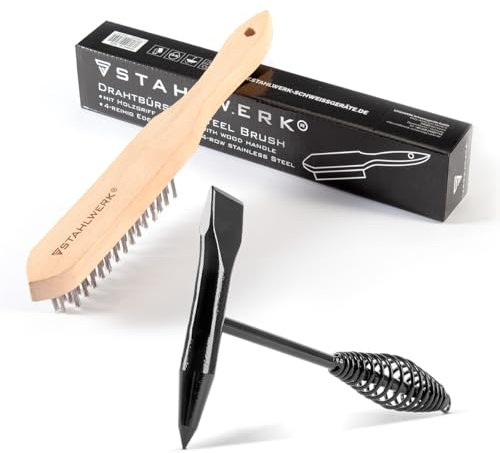 STAHLWERK Marteau de soudeur et brosse métallique - Marteau de soudure robuste de 300 g en acier avec poignée anti-vibrations et burin pointu et plat - Brosse métallique en acier inoxydable avec 4