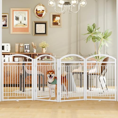 THKKY Folding No-Assembly Metal Freestanding Dog Gate with Door Walk Through,32 Height Pet Fence,96 Extra Wide Accordion Puppy Folding Playpen for Doorways,House,Stairs (4 Panels,White)
