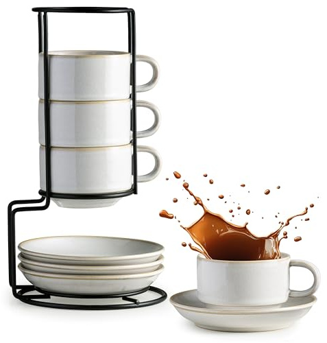 Gomakren 6 Ounce Cappuccino Cups with Saucers and Metal Stand, Stackable Coffee Cup Set of 4, Valentine Porcelain Espresso Cups for Coffee Drinks, Cappuccino, Latte, Americano, Tea, White