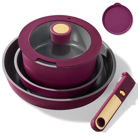 CAROTE Ceramic Pots and Pans Set, Nonstick Cookware Set Detachable Handle, 6pcs Induction Kitchen Cookware Sets Non Stick with Removable Handle, RV Cookware Set, Oven Safe, Purple
