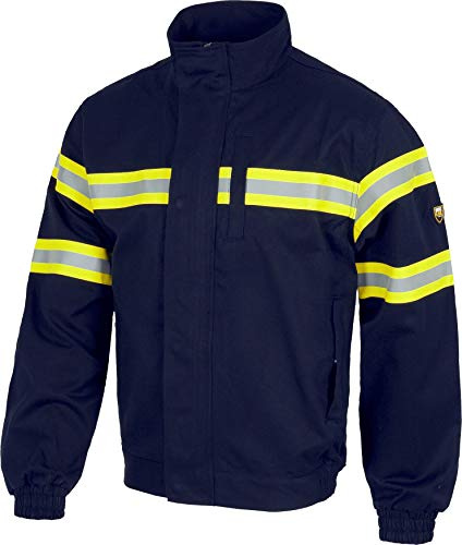 WORKTEAM Cazadora Ignífuga Antiestática para Soldadura y Arco Eléctrico, EPI Cat III con Cintas Reflectantes Fluorescentes, Tejido 310 g/m², Protección Térmica y Alta Visibilidad. Unisex Marino M